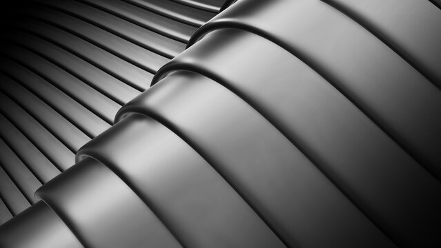 Minimalist industrial steel geometric wave structure, modern 3D abstract metallic waves background, render illustration.