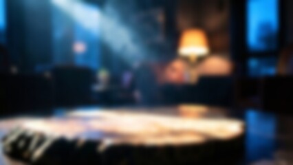 Fototapeta premium Empty rustic wooden table top in dark moody cafe interior with blurred bokeh background for product placement and presentation display