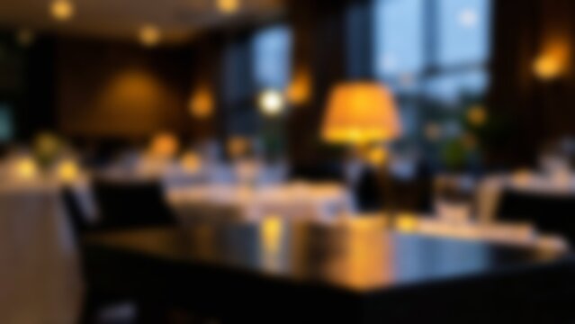 blurred dark wooden table surface in a moody fine dining restaurant setting with warm bokeh lights for elegant menu backgrounds and text overlays