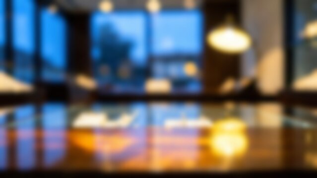 blurred modern cafe interior background with warm pendant lighting and wooden table reflections for website hero banner text overlay or virtual meeting backdrop