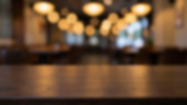 empty dark wooden table surface in blurred warm cafe restaurant interior for product display mockup presentation food montage or advertising background