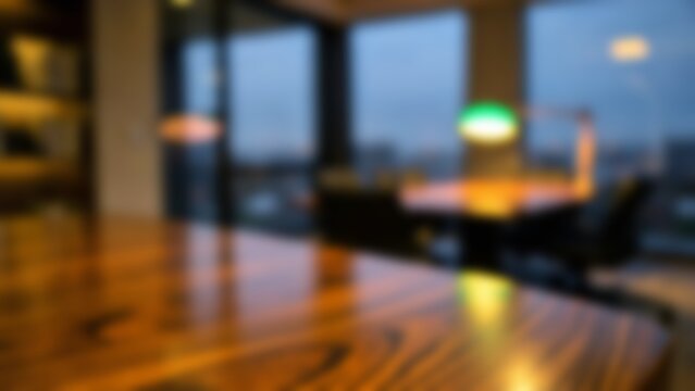 Blurred polished wood boardroom table background in modern corporate office setting for professional presentation slides or business website hero image
