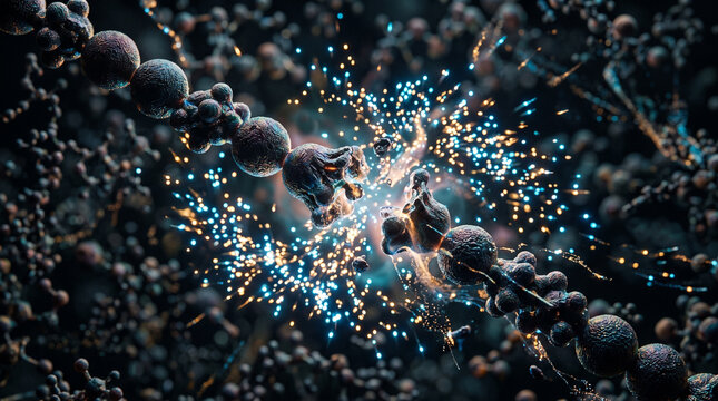 Synapse connection featuring blue light sparks for brain study.