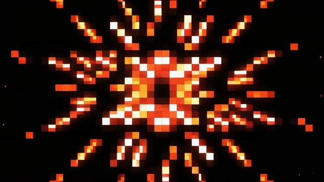 Pixelated fireworks exploding in sequence against a dark background with green abstract elements