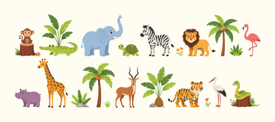 Naklejka premium Collection of illustrated african animals and tropical foliage in a flat style