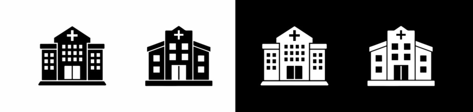 hospital building icons with cross symbol in positive and negative color schemes for medical design projects