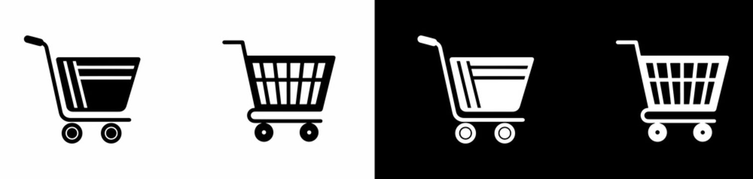Shopping cart icons in black and white versions with transparent background for digital use