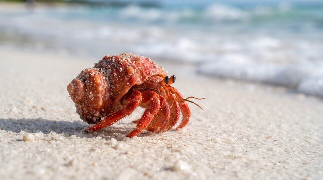 Red hermit crab walking on sandy white beach near turquoise sea shore close-up