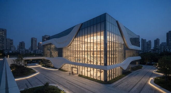 Generative AI - Exterior Fa&ccedil;ade of a Contemporary Streamlined Library Building