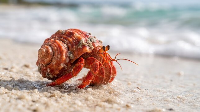 Cute bright red hermit crab carrying shell on white sandy beach tropical coast