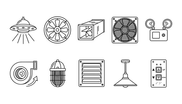 Industrial ventilation and lighting system line icon set vector with hvac fans ducts vents and lamps