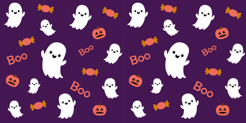 Fototapeta premium Cute Halloween Seamless Pattern with Friendly Ghosts, Candy, Pumpkins and Boo Text, Spooky Vector Background