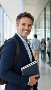 Smiling mature man carries notebooks and a backpack through a modern education center hallway with other adult learners in the background.