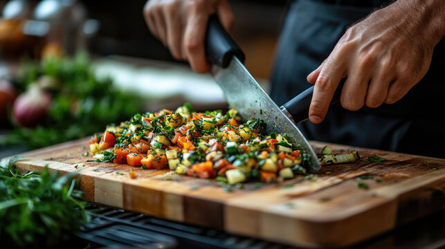 Chef chopping fresh vegetables on wooden cutting board for healthy meal preparation, close-up on hands and ingredients.
