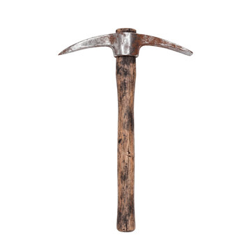 Rusty metal pickaxe with wooden handle isolated on a white and transparent background. Mining tool.