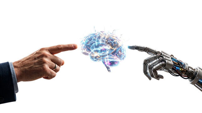 Artificial intelligence digital brain concept. Human hand and robot finger touching glowing neural network. Futuristic machine learning technology. isolated PNG with Transparent Background