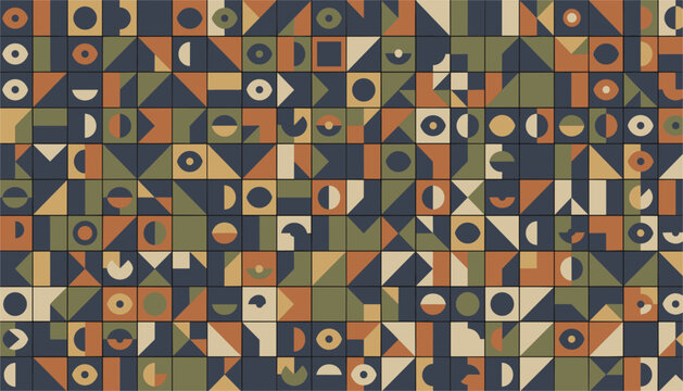 Retro abstract geometric seamless pattern featuring colorful square tiles filled with mid-century modern shapes.