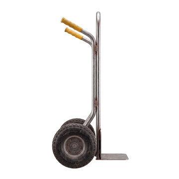 Metal hand truck trolley isolated on a white and transparent background. Warehouse cargo equipment.
