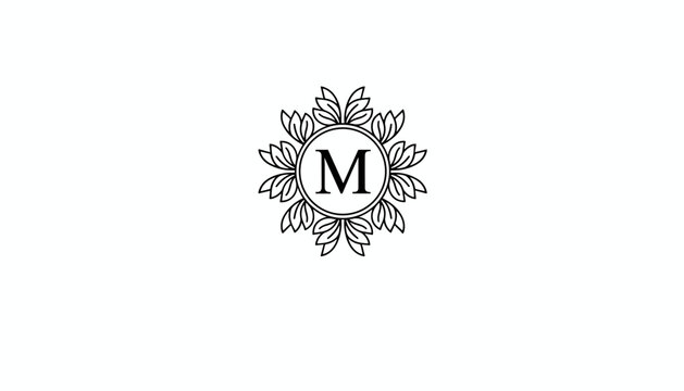 Elegant black and white monogram logo featuring letter M inside circle surrounded by decorative stylized leaves.