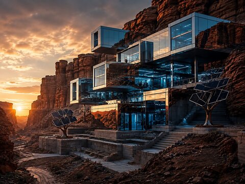 Futuristic glass and steel modular house built into a rugged desert canyon cliffside with solar tree structures during a vibrant golden sunset