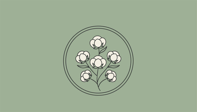 Cotton branches with soft white fluffy flowers inside double circle on olive green background, organic cosmetic icon.