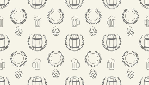 Classic seamless pattern featuring outline icons of beer barrels, glass mugs with foam, hop cones, and round laurel wreaths.