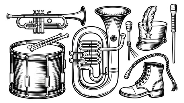 Marching band instruments, parade uniform accessories, musical equipment, ceremonial gear, vector illustration, isolated set