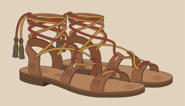 Traditional brown leather gladiator sandals with long straps and decorative tassels displayed on a warm beige background.