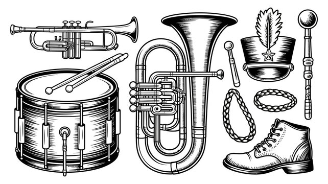 Marching band instruments, parade uniform accessories, musical equipment, ceremonial gear, vector illustration, isolated set