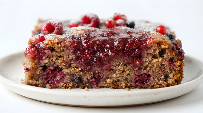 Ievarijuma kekss or Latvian fruit jam and nuts cake on white plate. Single healthy pastry slice for tea time break and winter time, taken in macro shot on white background