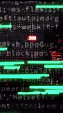 Digital video showing a glitch effect on a screen with abstract code lines in a dark environment