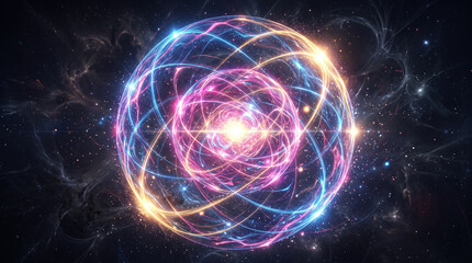 Naklejka premium Glowing colorful particle sphere orbit for cosmic space energy.