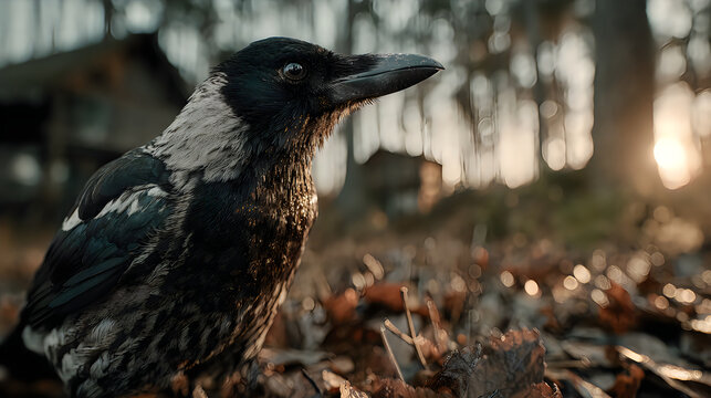 Wild crow detailed feather texture forest closeup Image illustration