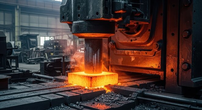 Massive Industrial Forge Press Shapes Glowing Hot Metal in Manufacturing Facility