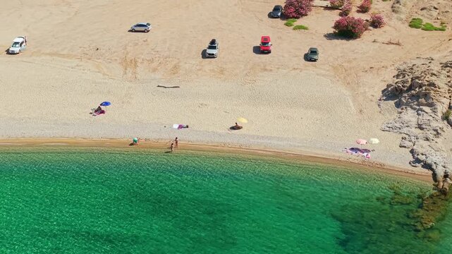 Aerial View of Sunny Pachia Ammos Beach on Samothraki Island Greece