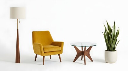 Fototapeta premium Contemporary home decor featuring a mustard yellow velvet armchair, elegant dark wood floor lamp, unique glass coffee table, and a potted snake plant, on a clean white studio background.