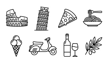 Fototapeta premium Hand drawn travel and vacation icons featuring landmarks, pizza, noodles, ice cream, scooter, wine and leaves