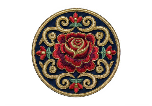 Decorative circular emblem with red rose and gold floral isolated on transparent background, isolated on white background