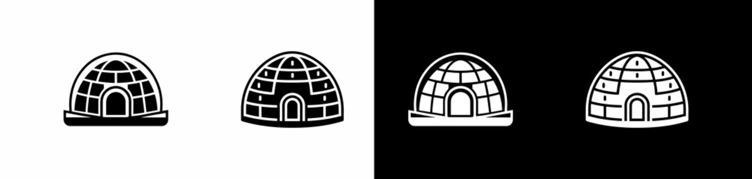 Inuit igloos with geometric block patterns shown in white on contrasting backgrounds
