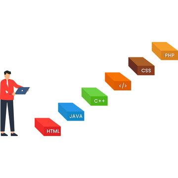 Developer climbing programming career ladder representing skill development technology progress learning coding languages HTML Java C++ PHP