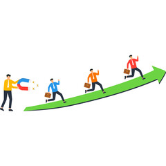 Fototapeta premium Business people running upward arrow showing magnetic attraction market growth customer acquisition sales success career advancement motivated employees flat design