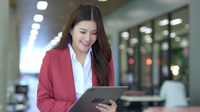 Elegant businesswoman in suit using digital tablet outside office