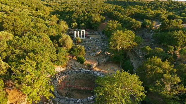 Aerial View of Sanctuary of the Great Gods at Sunset Samothrace