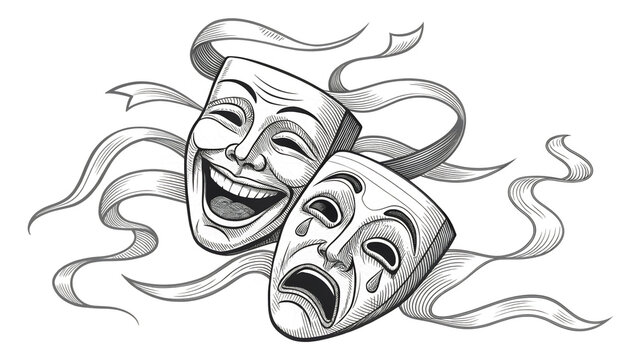 Comedy and Tragedy theater masks illustration with flowing ribbons in black and white line art