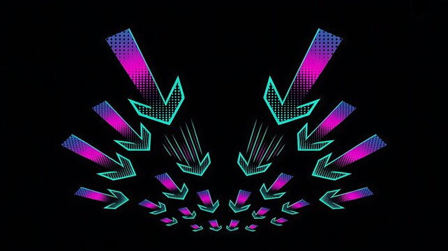 Halftone arrows pointing inward with a vibrant pink and blue gradient on a black canvas