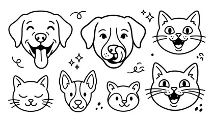 Fototapeta premium ute hand drawn vector set of happy dog and cat faces doodles isolated on white background pet care illustration elements