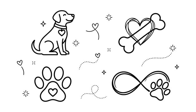 Cute hand drawn dog doodle set featuring sitting puppy bone heart paw print and infinity loop symbol isolated on white background