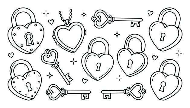 Set of hand drawn heart shaped padlocks and vintage keys doodles isolated on white background valentine romantic security vector illustration