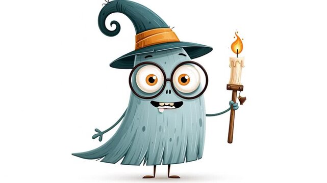 Cute cartoon ghost in a hat on a white background flat design animation