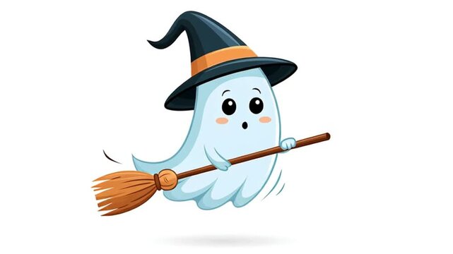 Cute cartoon ghost in a hat on a white background flat design animation